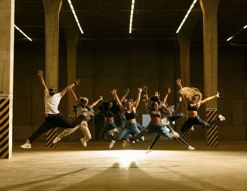 Seven dancers mid-jump in unison during the afro class