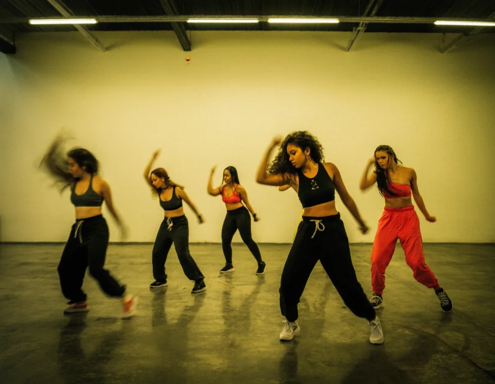 Five dancers low in a wine step during the dancehall class