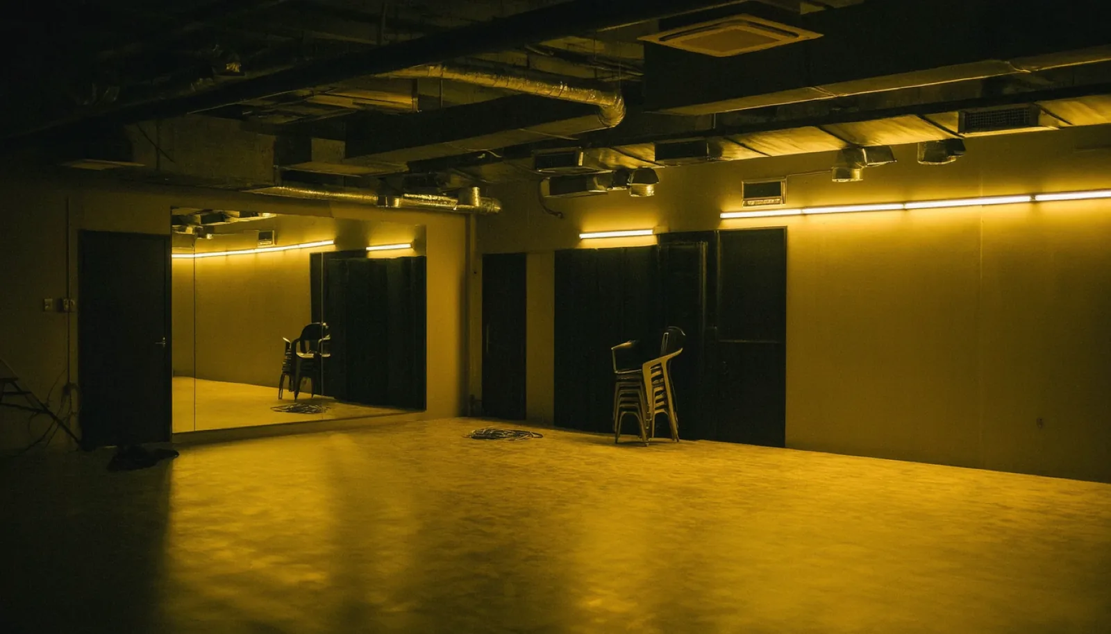 The empty hall late at night, fluorescent tubes reflecting off the sprung floor